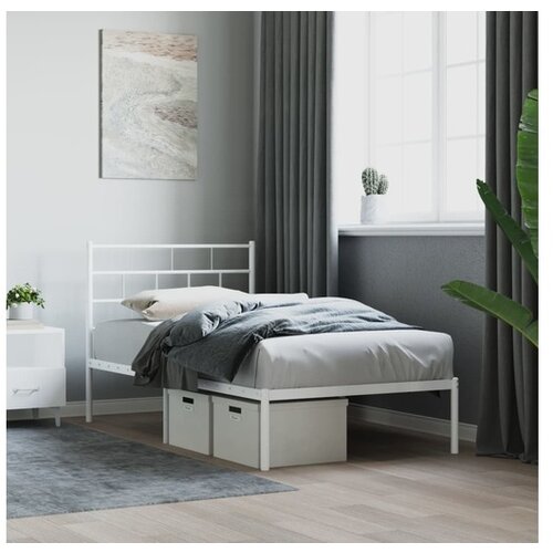 VidaXL Kovinski posteljni okvir z vzglavjem bel 107x203 cm Slike
