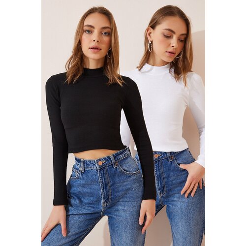 Happiness İstanbul Women's Black and White 2 Pack Ribbed Turtleneck Crop Knitted Blouse Slike