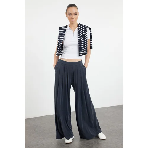 Trendyol Anthracite Modal Soft Fabric Wide Leg Pleated Knitted Trousers