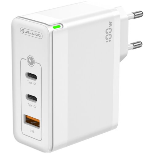 Jellico adapter hišni polnilec 220V Gun QC 100W vhod 1x USB A (22,5W) in 2x Type C (1x 65W + 1x 35W) - Original (EU Blister) bel Cene