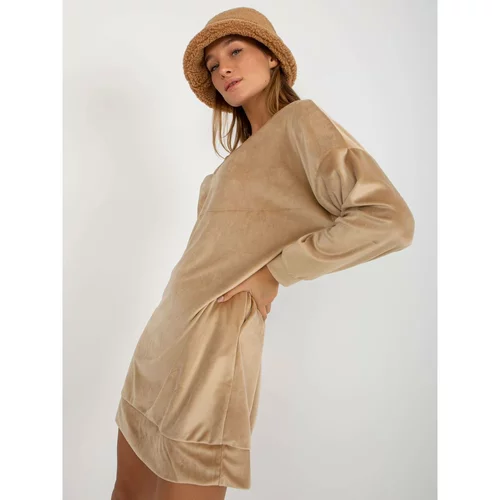 Fashion Hunters Beige loose velor dress with a neckline