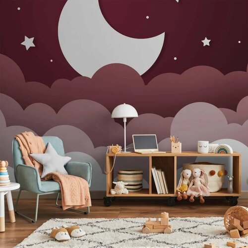  Foto tapeta - Moon dream - clouds in a maroon sky with stars for children 100x70 Standard Cene