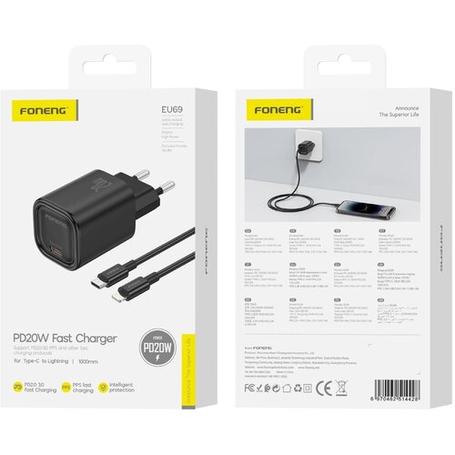 Forcell FONENG EU69 20W APPLE LIGHTNING STENSKI POLNILEC + 1M USB-C KABEL, (5000338872) Slike