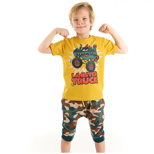 Denokids Monster Truck Car Boy Yellow T-shirt Camouflage Capri Shorts Set.