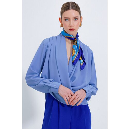 Bigdart Women's Blue Double Breasted Collar Flowing Satin Blouse 0492 Slike