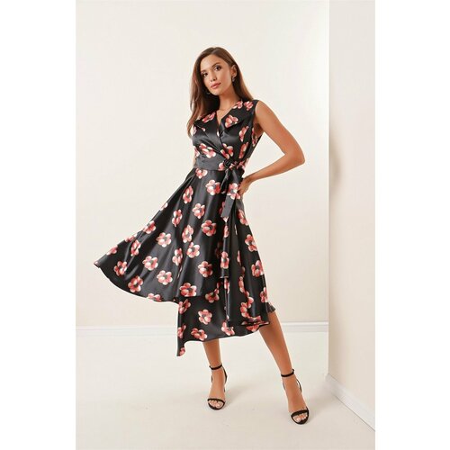 By Saygı Double Breasted Neck Floral Laced Satin Dress Black Slike