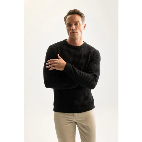 Defacto Men's Black Standard Fit Crew Neck Textured Knitwear Sweater