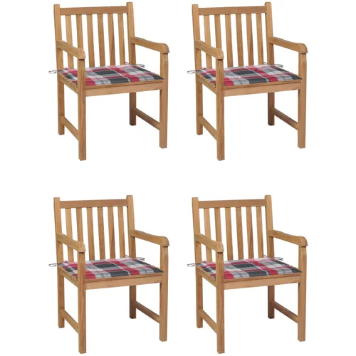  Vrtne stolice s crvenim kariranim jastucima 4 kom od tikovine