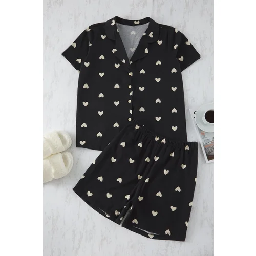 Trendyol Curve Black Heart Patterned Shirt Collar Knitted Pajama Set