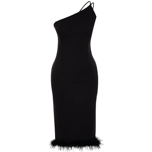 Trendyol Black Fitted Elegant Evening Dress with Woven Otriches Slike