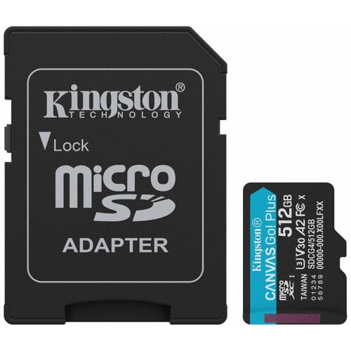 Kingston MicroSD 512GB, Canvas Go! Plus, Class10 UHS-I U3 V30 A2, Read up to 200MB/s, Write up to 160MB/s, for 4K and FullHD video recording, w/SD a Cene