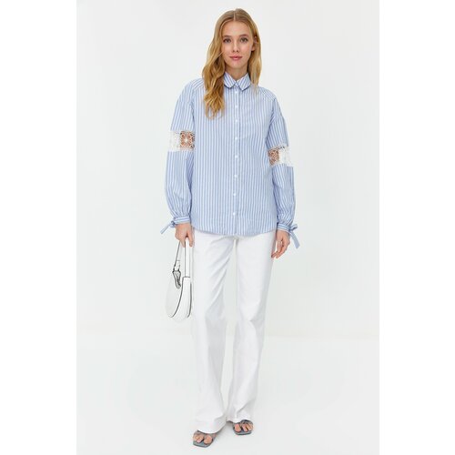 Trendyol Blue Cotton Blend Striped Woven Shirt with Embroidery Detail on Sleeve Slike