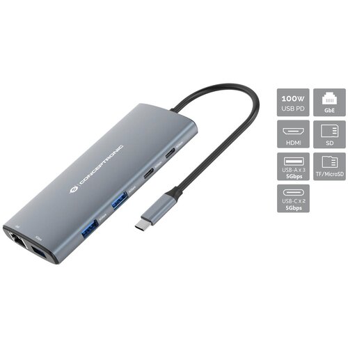  Conceptronic DO06G 10-in-1 USB 3.2 Gen 1 Docking Station, HDMI, 100W USB PD, USB-C 5Gbps x 2, USB-A 5Gbps x 3, SD, TF /MicroSD, GbE Cene