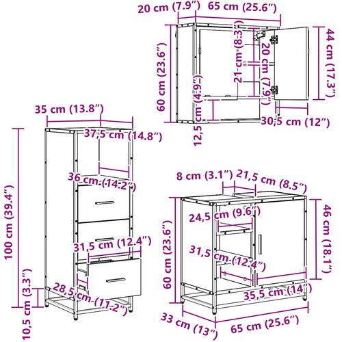  Set namje&amp;scaron;taja za kupaonicu 3 kom. Staro drvo 65 x 33 x 60 cm Slike