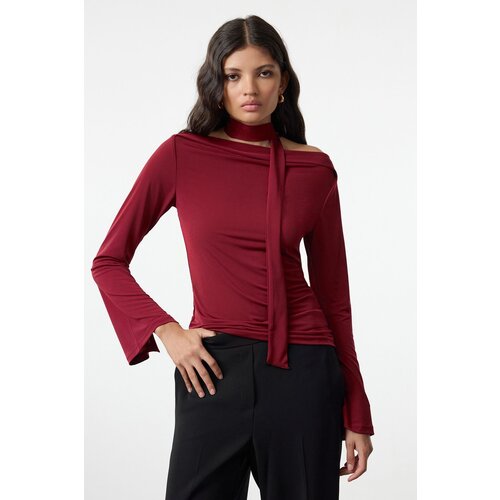 Trendyol Burgundy Shawl Detailed Fitted/Fits on the Body Flexible Knitted Blouse Cene