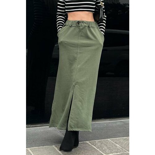Madmext Women's Khaki Green Midi Skirt with a Slit Detail Slike
