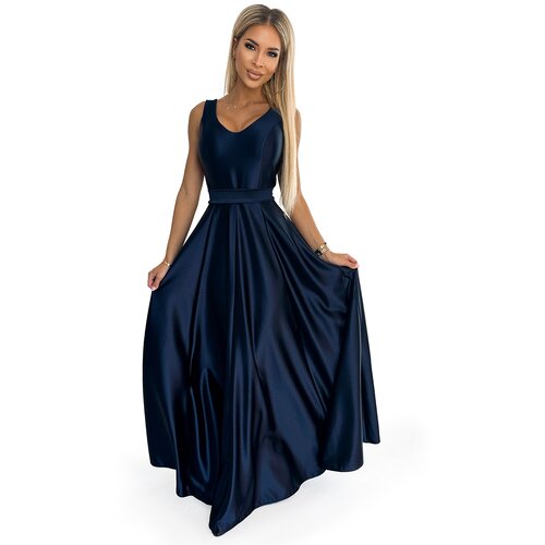 Numoco Long satin dress with a neckline and a bow Slike