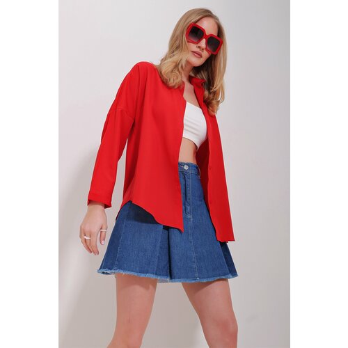 Trend Alaçatı Stili Women's Red Cuffed Cotton Basic Shirt Cene