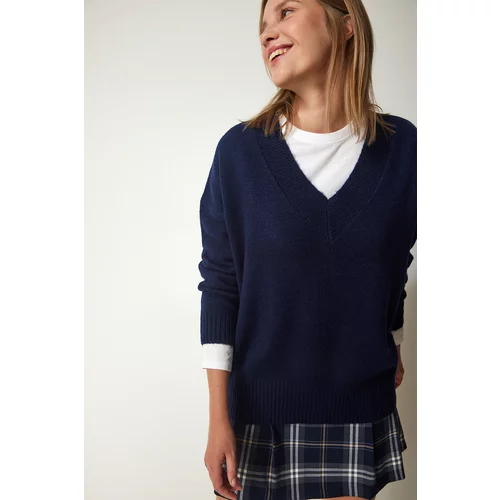 Happiness İstanbul Women's Navy Blue V-Neck Oversize Knitwear Sweater