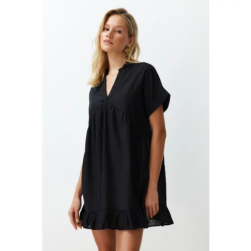 Trendyol Black Wide Fit Mini Woven Frilly Beach Dress