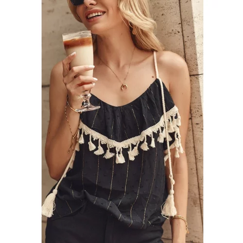 Fasardi Black boho blouse with tassels on the straps