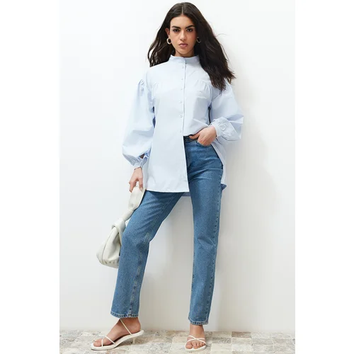 Trendyol Light Blue Ruffle Detailed Cotton Basic Woven Shirt