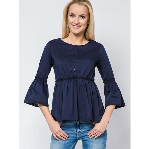 New collection Blouse with frills and lace-up neckline navy blue Slike