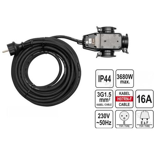 Yato YT-81162 power extension 20 m 3 AC outlet(s) Indoor /outdoor Black Slike