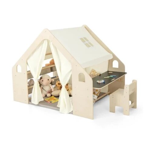 Kinder_Home Dečiji drveni letnjikovac 6 u 1 – stolica, sto, tabla, organizator, tenda i mekana podloga ( AT-KF-2401 ) Cene