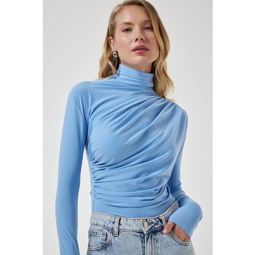  Women's Sky Blue Gathered Detailed High Neck Sandy Blouse Cijene
