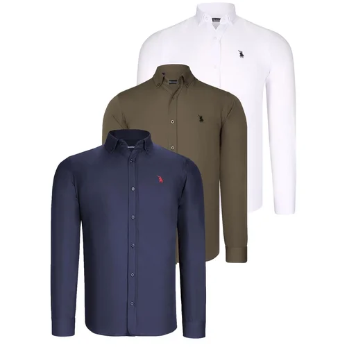 Dewberry TRIPLE SET G725 MENS SHIRT-NAVY BLUE-WHITE-GREEN