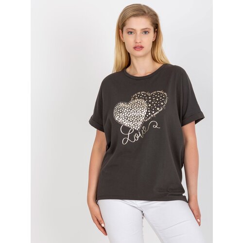 Fashion Hunters Khaki cotton plus size t-shirt with an application of rhinestones Slike