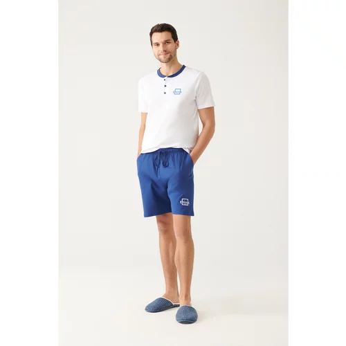 Avva Men's Indigo Buttoned Bomber Collar 100% Cotton Special Boxed Short Sleeve Shorts Pajamas Set