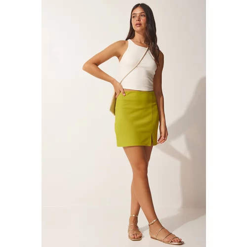 Happiness İstanbul Women's Oil Green Slit Mini Skirt