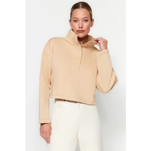 Trendyol Mink Relaxed Cut Crop Stand Collar Snap Fastener Thick Inside Fleece Knitted Sweatshirt