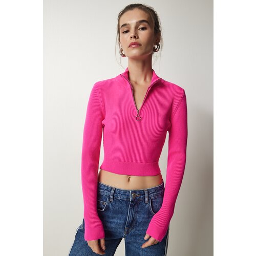  Women&amp;#039;s Pink Zipper Ribbed Crop Knitwear Sweater Slike