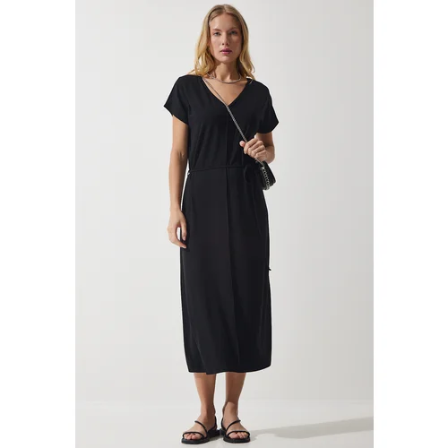  Women's Black Belted V Neck Viscose Dress