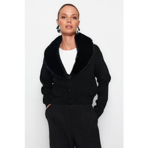 Trendyol Black Crop Faux Fur Collar Knitwear Cardigan Slike