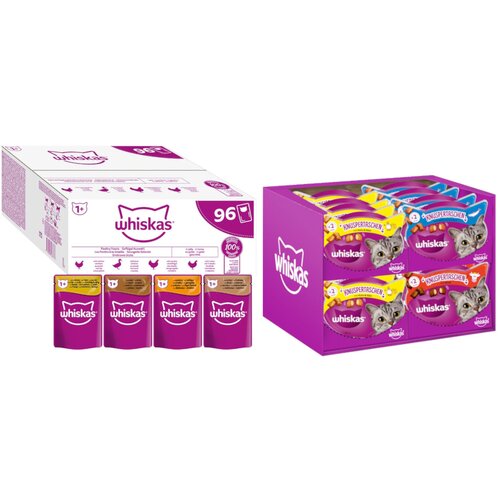 Whiskas Jumbo pakiranje vrečke 96 x 85 g + Snacks 16 x 60 g po posebni ceni! - Adult 1+ perutninski izbor v želeju + Snacks Cene