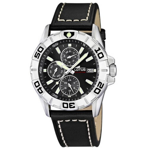 Lotus muški multifuncion crni sportski ručni sat sa minutnom koronom i crnim kožnim kaišem 604638 Cene