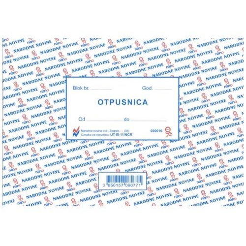 NARODNE NOVINE-UT III-11/NCR OTPUSNICA; Blok 3 x 50 listova, 17 x 12 cm Slike