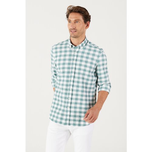 AC&Co / Altınyıldız Classics Men's White-green Slim Fit Slim Fit Button-down Collar Check Shirt Slike