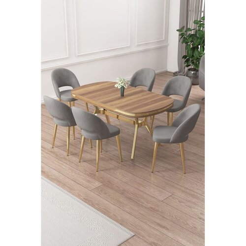 Hanah home trpezarijski set Jita, sto i 6 stolica, ploča u dekoru Hazar, zlatne noge, siva tkanina Babyface Cene