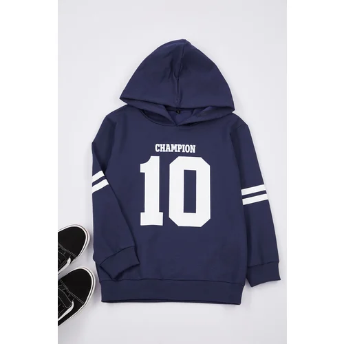 Trendyol Navy Blue Boy's Slogan Printed Hooded Knitted Sweatshirt