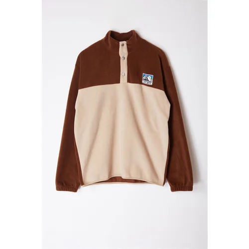 Trendyol Brown Oversize/Wide Cut Color Blocked Labeled Fleece Sweatshirt