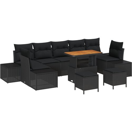 vidaXL 10 dijelni vrtni set sofe s jastučićima crni poliratan akacija, 2-sjedalna vrtna sofa s jastučićima crni poliratan, 3-dijelni vrtni set za objed s jastučićima crni poliratan akacija Cijene