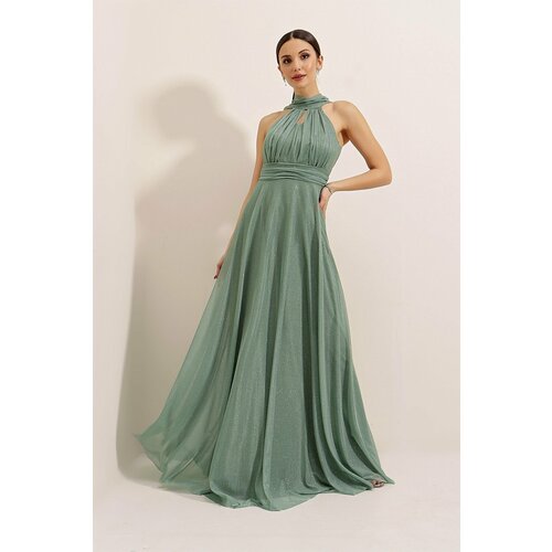 By Saygı Halterneck Lined Glittery Long Dress Mint Slike