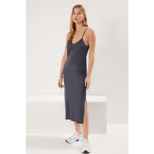 Trendyol Anthracite Strapless A-line/Belt Open Stretch Maxi Knit Dress