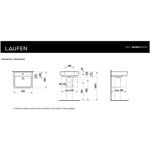Laufen H8189510001041 Pro 55 x 48 cm pravokotni stenski keramični umivalnik z odprtino za armaturo Slike