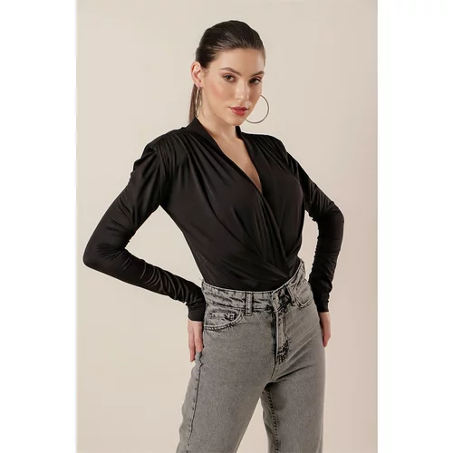 By Saygı Double-breasted Collar Blouse With Pleats, Waistband and Snap Button Black